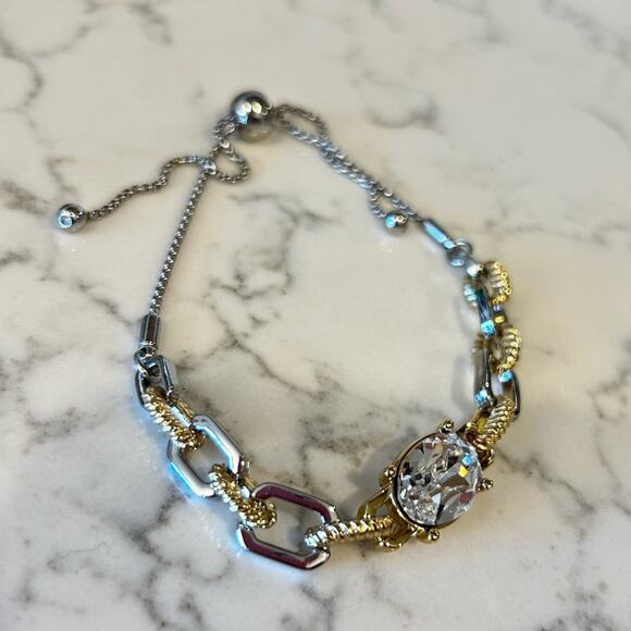 Silver & Gold Toned Chain Bracelet w/ Large Rhinestone - Picture 2 of 3